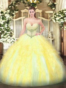 On Sale Floor Length Lace Up Sweet 16 Dress Gold for Military Ball and Sweet 16 and Quinceanera with Beading and Ruffles