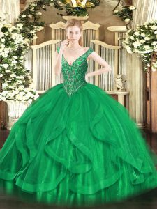 Nice Green Ball Gowns V-neck Sleeveless Tulle Floor Length Lace Up Beading and Ruffles Quinceanera Dresses