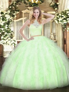 High End Yellow Green Tulle Zipper Quinceanera Gown Sleeveless Floor Length Lace and Ruffles