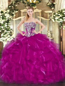 Fuchsia Organza Lace Up Quinceanera Gown Sleeveless Floor Length Beading and Ruffles