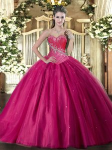 Exquisite Floor Length Lace Up Quince Ball Gowns Fuchsia for Military Ball and Sweet 16 and Quinceanera with Beading