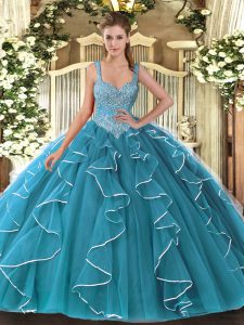 Delicate Teal Sleeveless Floor Length Beading Lace Up Sweet 16 Dress