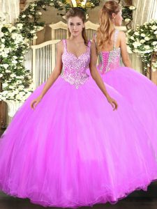 Noble Lilac Ball Gowns Beading Sweet 16 Quinceanera Dress Lace Up Tulle Sleeveless Floor Length