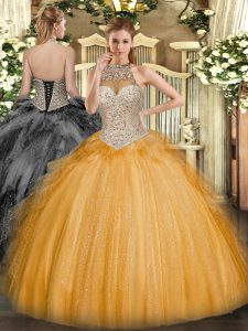 Elegant Sleeveless Lace Up Floor Length Beading and Ruffles 15th Birthday Dress