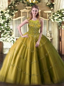 Pretty Appliques Sweet 16 Quinceanera Dress Olive Green Zipper Sleeveless Floor Length