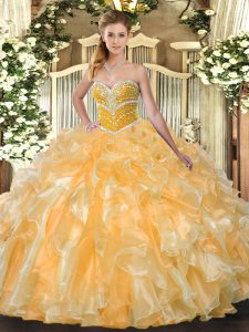 Orange Lace Up Sweetheart Beading and Ruffles Sweet 16 Dresses Organza Sleeveless