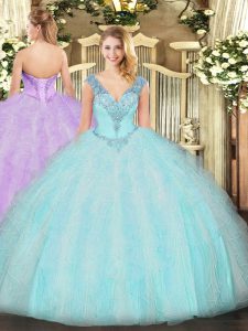 Gorgeous Aqua Blue Sleeveless Organza Lace Up Quinceanera Gowns for Military Ball and Sweet 16 and Quinceanera