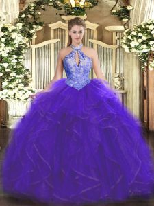 Traditional Halter Top Sleeveless Sweet 16 Dresses Floor Length Ruffles and Sequins Purple Organza