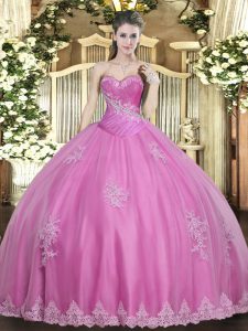 Deluxe Sweetheart Sleeveless 15th Birthday Dress Floor Length Beading and Appliques Rose Pink Tulle