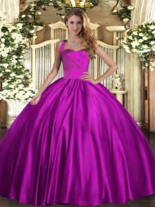Sleeveless Floor Length Ruching Lace Up Quince Ball Gowns with Fuchsia