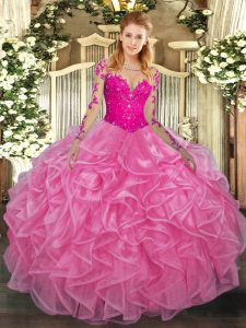 Sweet Lace and Ruffles Sweet 16 Quinceanera Dress Rose Pink Lace Up Long Sleeves Floor Length
