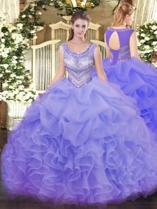 Custom Design Lavender Ball Gowns Organza Scoop Sleeveless Beading and Ruffles and Pick Ups Floor Length Lace Up Quinceanera Gowns