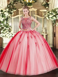 Floor Length Coral Red 15 Quinceanera Dress Tulle Sleeveless Beading and Appliques