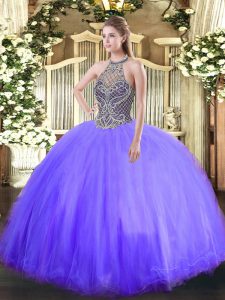 Enchanting Sleeveless Tulle Floor Length Lace Up Quinceanera Gowns in Lavender with Beading