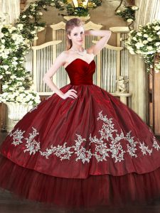 Wine Red Ball Gowns Organza and Taffeta Sweetheart Sleeveless Embroidery Floor Length Zipper Vestidos de Quinceanera