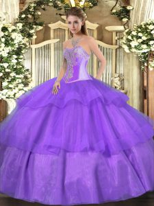 On Sale Lavender Lace Up Sweet 16 Dresses Beading and Ruffled Layers Sleeveless Floor Length