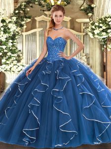 Sleeveless Tulle Floor Length Lace Up Quinceanera Dress in Blue with Beading and Ruffles