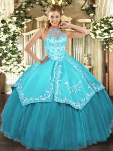 Aqua Blue Sleeveless Satin and Tulle Lace Up Ball Gown Prom Dress for Military Ball and Sweet 16 and Quinceanera
