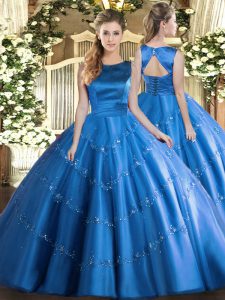 Luxury Baby Blue Lace Up Sweet 16 Quinceanera Dress Appliques Sleeveless Floor Length