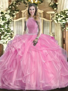 Super Floor Length Ball Gowns Sleeveless Rose Pink Quinceanera Gowns Lace Up
