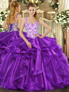 Romantic Eggplant Purple Ball Gowns Organza Straps Sleeveless Beading and Appliques and Ruffles Floor Length Lace Up Sweet 16 Dresses