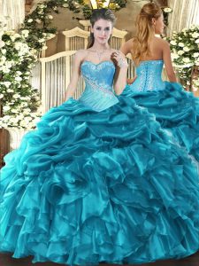 Shining Teal Ball Gowns Sweetheart Sleeveless Organza Floor Length Lace Up Beading and Ruffles and Pick Ups Sweet 16 Quinceanera Dress