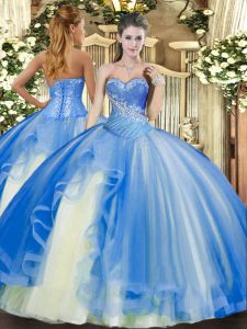 Admirable Sweetheart Sleeveless Quinceanera Dress Floor Length Beading and Ruffles Baby Blue Tulle