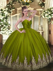 Olive Green Sleeveless Floor Length Appliques Zipper Ball Gown Prom Dress