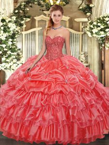 Coral Red Sweetheart Neckline Beading and Ruffles and Pick Ups Quinceanera Gown Sleeveless Lace Up