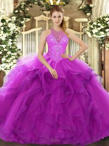 Low Price Fuchsia Sleeveless Floor Length Beading and Ruffles Lace Up 15 Quinceanera Dress