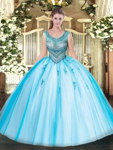 Floor Length Baby Blue 15 Quinceanera Dress Scoop Sleeveless Lace Up