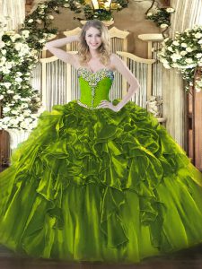 Olive Green Sleeveless Beading and Ruffles Floor Length Quinceanera Gown