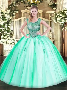 Simple Scoop Sleeveless Tulle 15 Quinceanera Dress Beading Lace Up