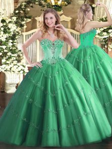 Turquoise Ball Gowns Tulle Sweetheart Sleeveless Beading and Appliques Floor Length Lace Up Sweet 16 Quinceanera Dress