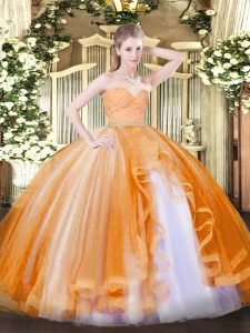 Wonderful Orange 15 Quinceanera Dress Military Ball and Sweet 16 and Quinceanera with Beading and Lace and Ruffles Sweetheart Sleeveless Zipper