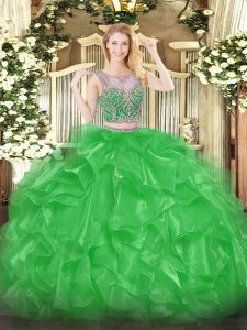 Green Organza Lace Up Scoop Sleeveless Floor Length Quinceanera Dress Beading and Ruffles