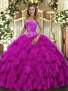 Wonderful Fuchsia Sleeveless Floor Length Beading and Ruffles Lace Up Vestidos de Quinceanera