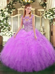 Colorful Lilac Ball Gowns Tulle Scoop Sleeveless Beading and Ruffles Floor Length Lace Up Quinceanera Gowns