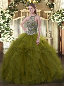 Halter Top Sleeveless Sweet 16 Dress Floor Length Beading Olive Green Organza