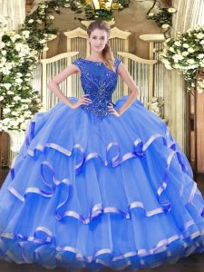 Super Sleeveless Floor Length Beading and Ruffled Layers Zipper Quinceanera Gown with Blue