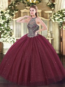 Burgundy Lace Up Vestidos de Quinceanera Beading Sleeveless Floor Length