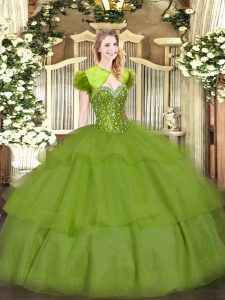 Hot Sale Olive Green Ball Gowns Beading and Ruffled Layers 15th Birthday Dress Lace Up Tulle Sleeveless Floor Length