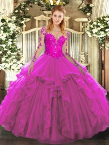 Luxury Fuchsia Lace Up Scoop Lace and Ruffles Quince Ball Gowns Tulle Long Sleeves