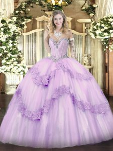 High Class Sleeveless Tulle Floor Length Lace Up Quinceanera Gown in Lavender with Beading and Appliques