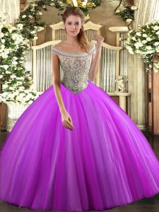 Fuchsia Sleeveless Tulle Lace Up Sweet 16 Dresses for Sweet 16 and Quinceanera