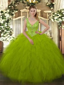 Noble Floor Length Zipper Vestidos de Quinceanera Olive Green for Military Ball and Sweet 16 and Quinceanera with Beading and Ruffles