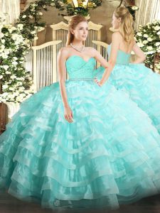 Best Sleeveless Zipper Floor Length Beading and Lace and Ruffled Layers Quince Ball Gowns