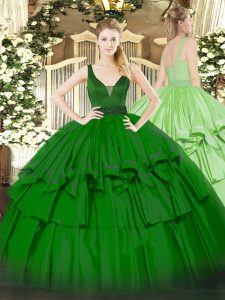 Shining Green Ball Gowns Beading and Ruffled Layers Quinceanera Dress Zipper Organza Sleeveless Floor Length
