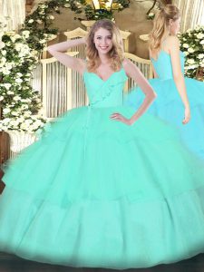 High End Floor Length Zipper Quinceanera Gown Apple Green for Military Ball and Sweet 16 and Quinceanera with Ruffled Layers