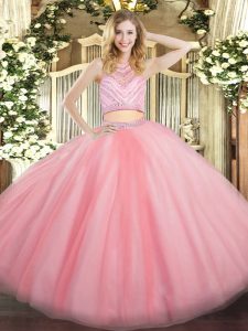 Attractive Floor Length Baby Pink Sweet 16 Dress Tulle Sleeveless Beading